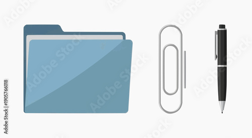 A blue folder with a paperclip and a pen on a white background, representing organization and office supplies for administrative tasks