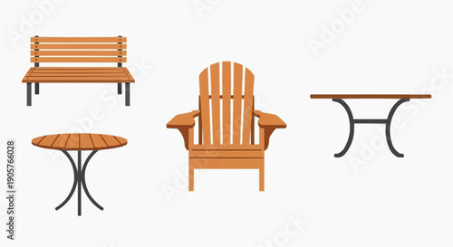 Collection of outdoor wooden furniture including a bench, Adirondack chair, and two tables on a white background