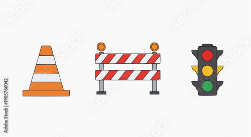 Vector illustrations of road safety and traffic control icons, including a vibrant orange traffic cone, a striped construction barrier, and a classic traffic light signal