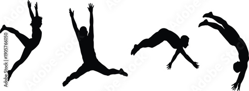 Four black silhouettes of people in dynamic poses against a white background action
