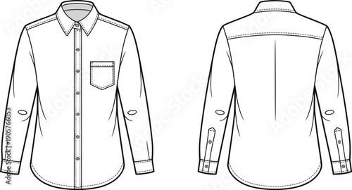 Men long sleeve shirt line icon front and back view, classic button down clothing fashion outline vector illustration