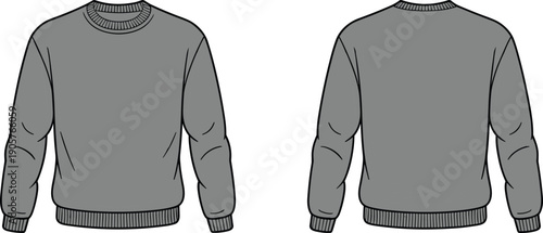 Men long sleeve sweatshirt front and back view, casual crewneck pullover apparel outline vector illustration