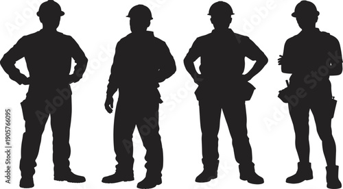 Four Silhouettes of Construction Workers with Hard Hats and Tool Belts builder