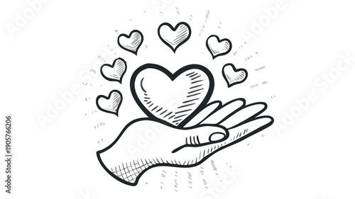 Hand cradling a large heart with smaller hearts floating around it