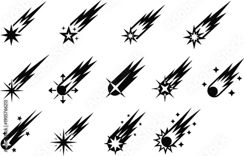 Vector Illustration Set of Meteor Silhouettes and Comet Icons for Celestial Space Astronomy Magic Sparkle Shooting Star and Minimalist Cosmic Graphic Designs