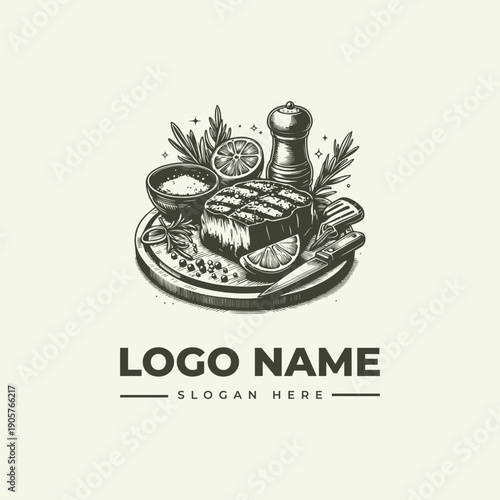 Vintage engraving style logo of a plate with grilled meat, herbs, and spices on a beige background, with a pepper mill and bowl of seasoning, conveying a rustic culinary theme.