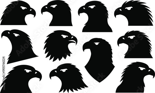 Collection of black silhouette eagle heads facing left and right with sharp beaks and feathered necks