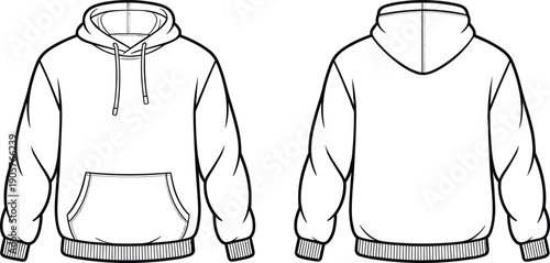 Mens hoodie front and back view, technical fashion flat vector illustration template for apparel design