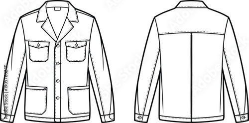 Mens jacket front and back view, technical fashion flat vector illustration template for apparel design