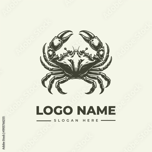 A vintage-style woodcut illustration of a crab logo with claws raised, set against a cream background, featuring a placeholder text for logo name and slogan in a classic engraving style.