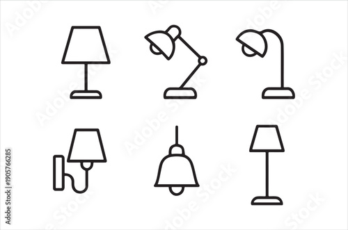 A collection of minimalist line art illustrations depicting various styles of lamps and lighting fixtures