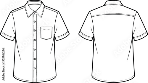 Mens short sleeve button up shirt front and back view, technical fashion flat vector illustration template