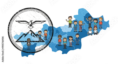 Diverse community illustration uniting across geographic regions with shared values