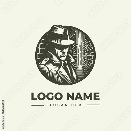 A monochromatic illustration of a man in a fedora and trench coat against a cityscape background with a vintage engraving style, featuring a logo and placeholder text for a slogan.
