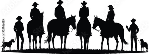 Silhouette group of cowboys cowgirls and dogs on horseback in a grassy field horseback riding