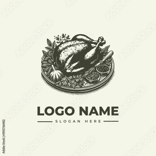 A vintage-style woodcut illustration of a roasted turkey on a platter with vegetables and fruits, serving as a logo or icon with a placeholder name and slogan on a cream background.