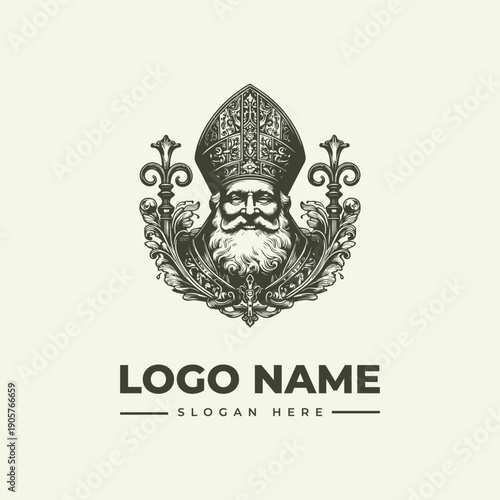 A vintage engraving style logo featuring an illustration of a bearded bishop wearing a mitre, surrounded by ornate floral patterns and foliage, with a classic icon design on a clean white