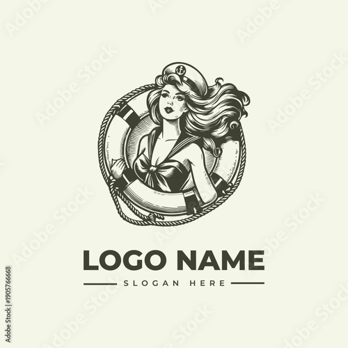 A vintage-style woodcut illustration of a woman wearing a sailor hat and holding a life preserver, with a logo and slogan text below on a clean white background.