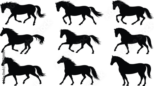 Nine black horse silhouettes in various running and standing poses on a white background