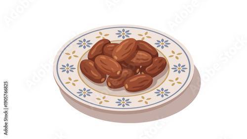 A decorative plate filled with a pile of brown dates, featuring a floral pattern on a white background.