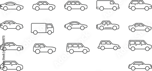 Minimal car and van line icon set vector, side view vehicle silhouettes for transport apps, traffic maps, navigation UI, automotive interface design