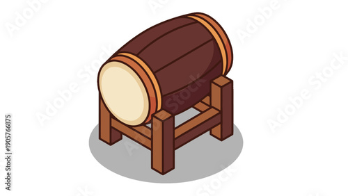 A traditional wooden drum with a light-colored head, resting on a simple wooden stand, depicted in an isometric perspective.