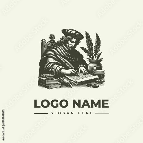 Vintage engraving of a scholar writing at a desk with books, quill, and inkwell, wearing a beret, in a classic woodcut style.