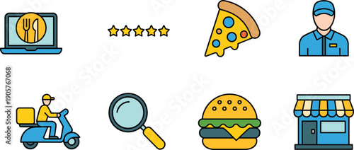 Online food delivery service icons set with pizza, burger, courier, rating stars, restaurant shop and order tracking illustration