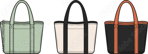 Stylish women tote bag set illustration in three color variants, modern handbag fashion accessory flat vector design