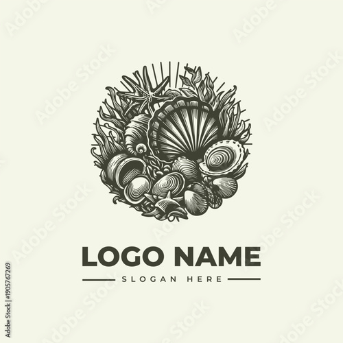 A vintage-style woodcut illustration of a logo featuring various seashells and seaweed, with a placeholder for a logo name and slogan on a plain background.