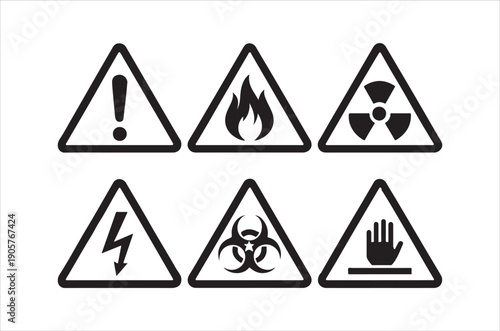 A collection of black and yellow triangular warning signs depicting various hazards and dangers