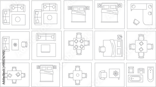 Collection of technical drawings and blueprints isolated on transparent background