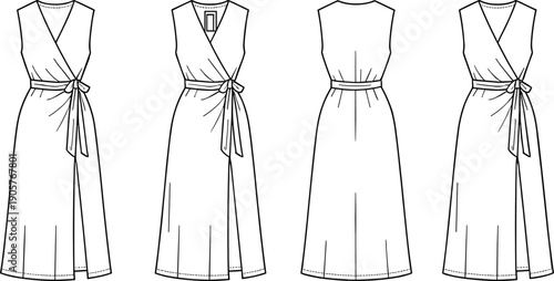Womens wrap dress front back views, sleeveless V neck tie waist fashion flat vector technical template