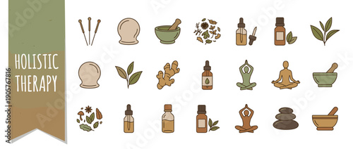 Holistic Therapy Icon Set with Acupuncture, Cupping, Herbal Medicine, Essential Oils, Yoga, Meditation, Ginger, and Mortar and Pestle for Natural Wellness, Alternative Healing, and Spa Design.