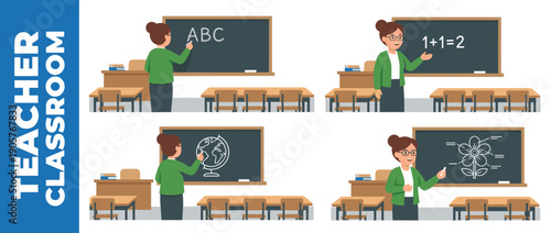 Flat vector illustration set of a female teacher in a classroom teaching various subjects including English, math, geography, and biology on a blackboard with desks and chairs in the background.