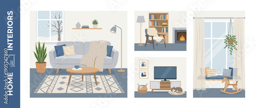 Modern Home Interior Design Vector Illustration Set Featuring Cozy Living Room with Sofa, Fireplace Reading Nook, TV Area with Sleeping Cat, and Window Seat with Rocking Horse in Hygge Style.