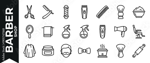 Comprehensive Collection of Barbershop Line Icons Featuring Scissors, Straight Razor, Barber Pole, Hair Clipper, Comb, Shaving Brush, Mirror, Towel, Spray Bottle, Hair Dryer, Chair, and Cape.