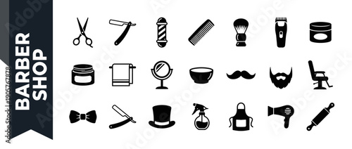 Professional Barber Shop Icon Collection with Hairdressing and Grooming Tools Including Scissors, Straight Razor, Barber Pole, Comb, Shaving Brush, Hair Clipper, Chair, Beard, and Mustache.
