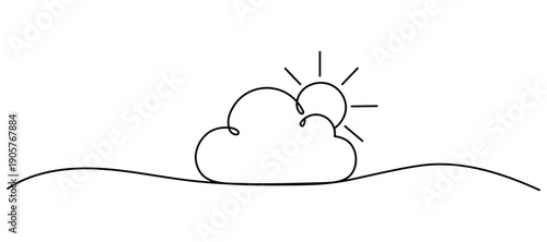Continuous one line drawing of a cloud and sun isolated, Cloud single line art, continuous one line drawing of Isolated outline vector icon. Editable stroke