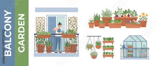Urban Balcony Garden Illustration Set with a Woman Watering Plants on an Apartment Terrace, Featuring Various Potted Herbs, Vegetables, Flowers, Hanging Planters, Vertical Garden, and Greenhouse.