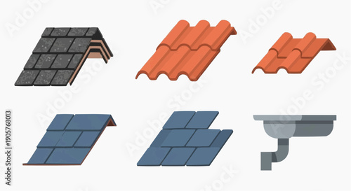 Various roofing materials and gutter system illustrated in a graphic design on a plain background from a direct viewpoint