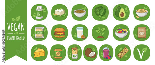 Vegan and Plant-Based Food Icon Set Featuring Soy Milk, Tofu, Avocado, Veggie Burger, Almond Milk, Quinoa, and Healthy Snacks in Green Circles for Vegetarian Lifestyle and Diet Illustration.
