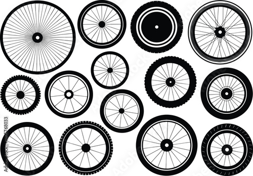 Bicycle wheel silhouettes collection, black bike tire and spoke variations isolated on white background, cycling equipment vector illustration set