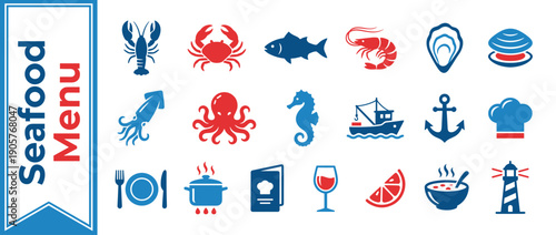 Seafood Menu Icon Collection with Lobster, Crab, Fish, Shrimp, Octopus, Squid, Shellfish, and Nautical Elements like Anchor, Boat, and Lighthouse for Restaurant Branding, Web Design, and Menus.