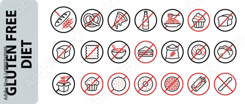 Gluten Free Diet Icon Set with Red Prohibited Symbols over Wheat Based Foods like Bread, Pizza, Pasta, Beer, and Pastries. Minimalist Line Art for Celiac Disease Awareness and Healthy Eating.