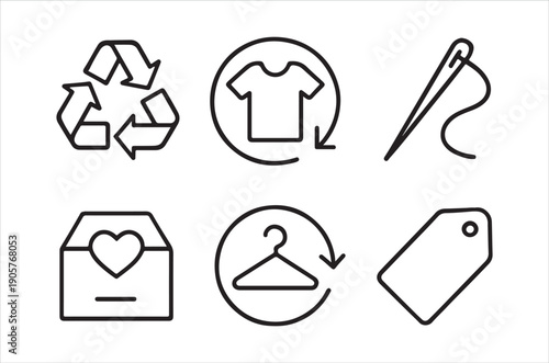 A collection of six black outline icons representing clothing care and recycling symbols high quality