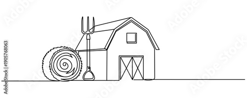 Bales with hay and pitchforks on a white background. Vector illustration in cartoon style on the theme of farm and agriculture. Editable stroke