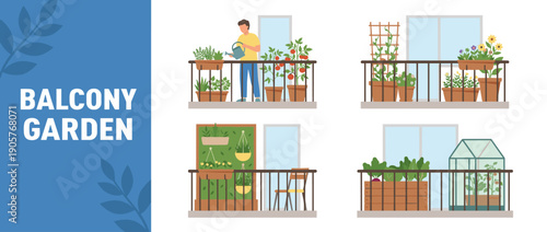Flat Vector Illustration Set of Balcony Garden Ideas featuring Urban Gardening, Vertical Planting, Small Greenhouse, and Potted Herbs for Sustainable Apartment Living and Home Hobby Concepts.