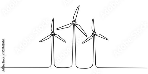 Turbine wind power green energy electricity concept. Continuous line drawing wind energy plant windmill renewable ecology. One line drawing vector illustration. Editable stroke