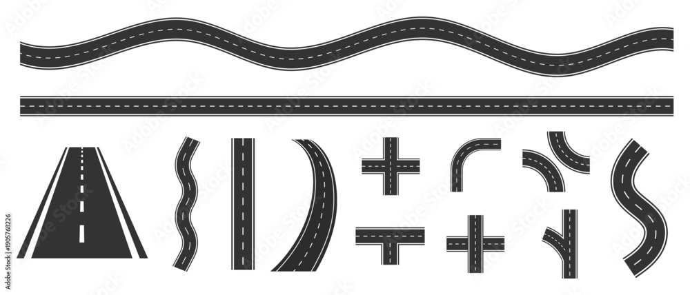 Naklejka premium Top view road markings set. Highway lanes and race tracks set. Seamless straight street road pack. Town or city pavement asphalt repeated pattern. Vertical roadway drive stripes bundle. Vector